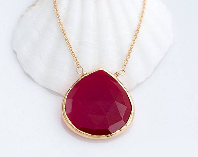 Viva Magenta, Ruby Pendant Necklace, July Birthstone Gift, Wire Wrapped Teardrop Gemstone Layering Necklace, Bezeled Faceted Ruby Quartz