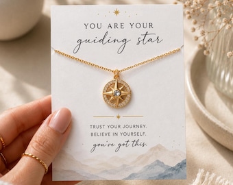 Compass Necklace, Self Love Gift, Inspirational Jewelry, Celestial North Star Pendant, Gold Filled Chain, Motivational New Beginnings Gift