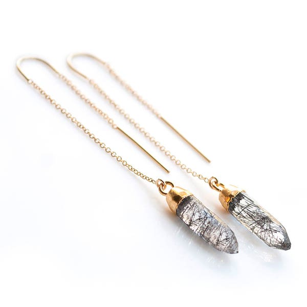 Tourmalated Quartz Threaders, Gold Gemstone Earrings, Spike Ear Threader, Minimalist Jewelry, Dainty Dangle Earrings, Gift for Her, TH-B
