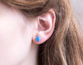 Blue Opal Earrings, Opal Stud Earrings, Sterling Silver Studs, Gift for Her, Gemstone Studs, Boho Studs, October Birthstone, EA-PB
