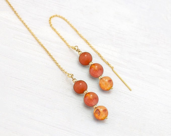 Carnelian Dangle Earrings,  Crystal for Love Gift, Orange Carnelian Gemstone Threader Earrings Gold Filled, Polished Carnelian Beads