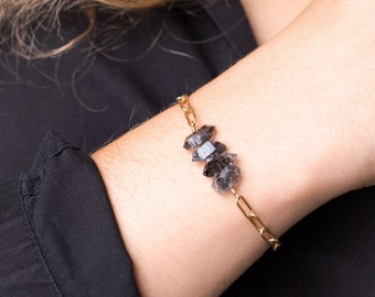 Black Herkimer Diamond Bracelet, Raw Crystal Bracelet, Gold Statement Chunky Link Chain, Natural April Birthstone, Rough Raw Stones