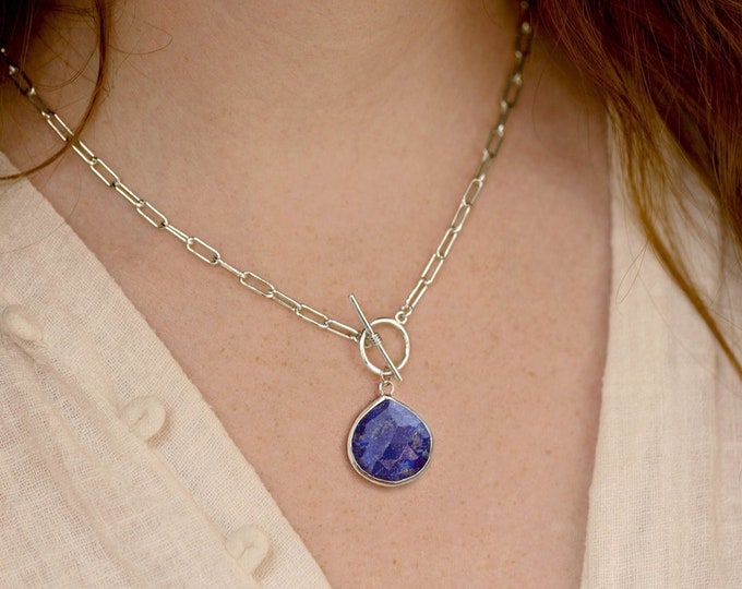 Lapis Lazuli Toggle Necklace, Silver Paperclip Chunky Chain Choker, Navy Blue Gemstone Pendant, Minimalist Jewelry September Birthstone Gift