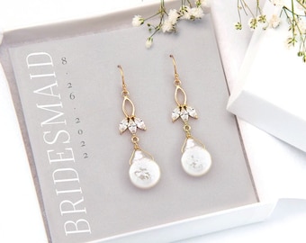 Bachelorette Party Gift, Pearl Dangle Earrings, Bridesmaid Wedding Earrings, CZ Leaf Drop Freshwater Pearl Gold, Boho Bridal Gift