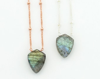 Flashy Labradorite Pendant Necklace, Geometric Gemstone, Emerald Arrowhead, Silver Dewdrop Chain, Rose Gold Satellite Chain, Shield Necklace