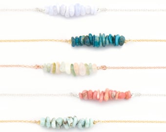 Raw Gemstone Necklaces, Genuine Simple Stone Necklace, Raw Crystal Choker, Rose Gold Sterling Silver Gemstone Bar Necklace, Raw Aquamarine