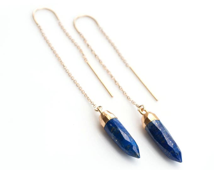 Lapis Lazuli Threader Earrings, September Birthstone Jewelry, Spike Earrings, 14k Gold Filled Ear Thread, Gemstone Earrings, TH-B