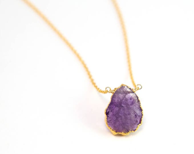 Purple Amethyst Necklace, Gemstone Slice Pendant, February Birthstone Jewelry, Layering Necklace, Simple Stone Necklace, Ultra Violet, NK-VS