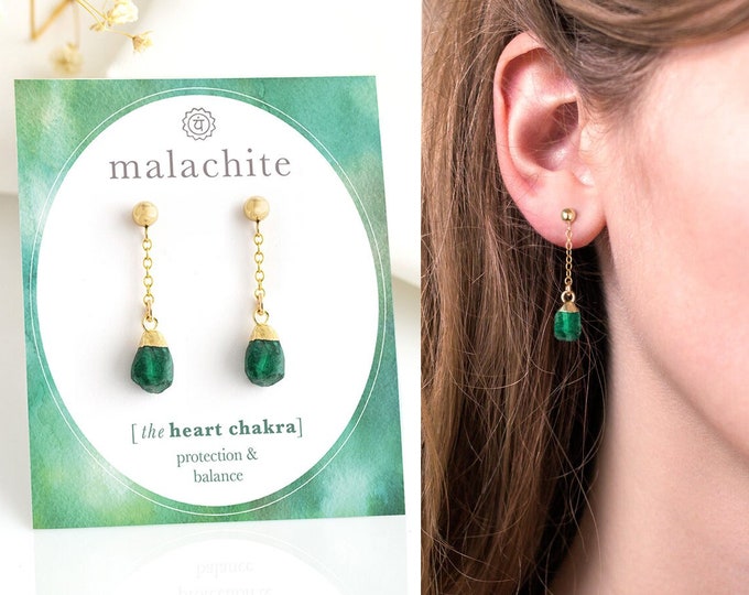 Dainty Malachite Earrings, Heart Chakra Protection Crystal Gift, Trendy Green Gemstone Dangle Studs, Birthday Chakra Gift for Teenager, Yoga