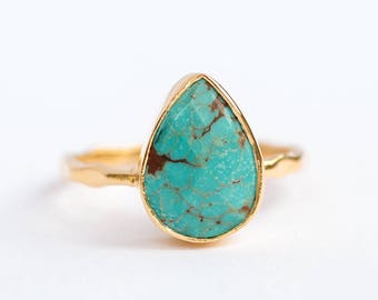 Turquoise Ring Gold, December Birthstone Ring, Gem Ring, Solitaire Ring, Gold Ring, Stackable Ring, Tear Drop Ring, Raw Stone