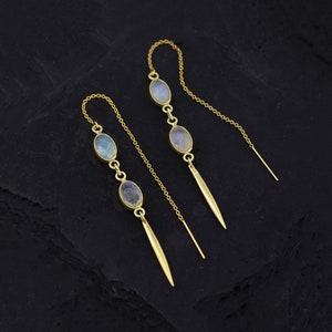 Rainbow Moonstone Threader Earrings, June Birthstone Earrings, Minimalist Gold Thread Thru, Simple Bridal Earrings, Edgy Spike Earrings