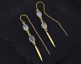 Rainbow Moonstone Threader Earrings, June Birthstone Earrings, Minimalist Gold Thread Thru, Simple Bridal Earrings, Edgy Spike Earrings