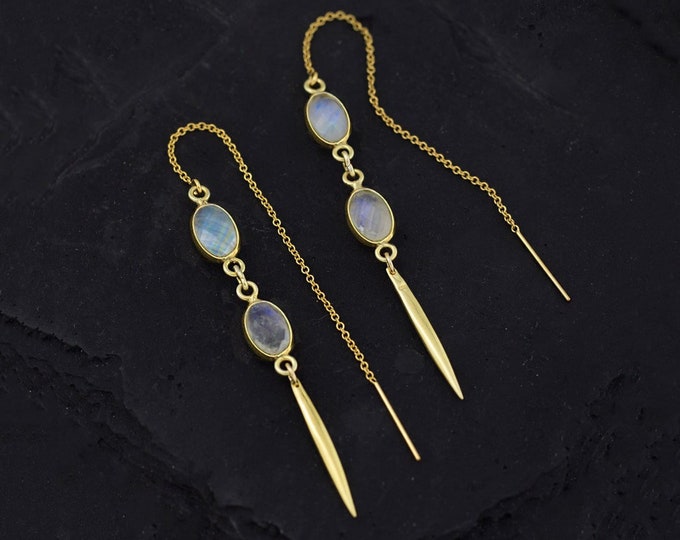 Rainbow Moonstone Threader Earrings, June Birthstone Earrings, Minimalist Gold Thread Thru, Simple Bridal Earrings, Edgy Spike Earrings