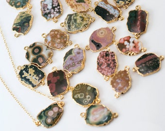 Ocean Jasper Gem Slice Necklace, Layering Necklaces, 14k Gold Filled Choker, Layered Jewelry, Boho Jewelry, Gold Framed Stone, NK-GS