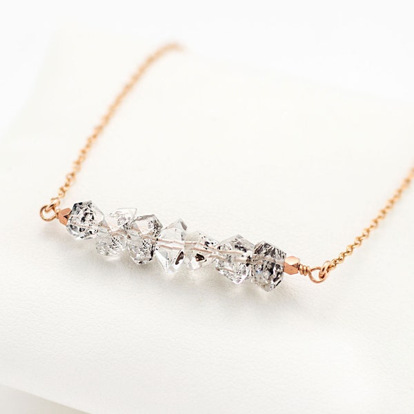 Dainty Raw Diamond Bar Necklace, Bridesmaid Necklace Gift, April Birthstone Gift, Natural Herkimer Diamond Gemstone, Raw Crystals, Rose Gold