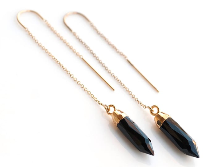 Black Onyx Threader Earrings, Gemstone Spike Earrings, 14k Gold Filled Ear Threader Earrings, Minimalist Jewelry, Long Gold Dangle, TH-B