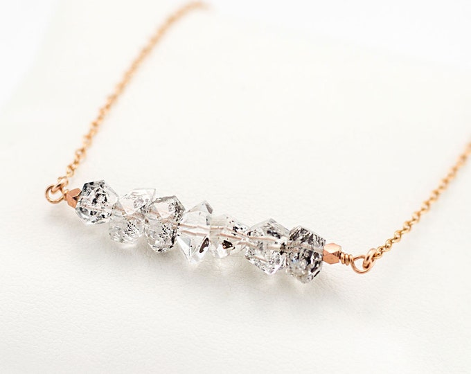 Dainty Raw Diamond Bar Necklace, Bridesmaid Necklace Gift, April Birthstone Gift, Natural Herkimer Diamond Gemstone, Raw Crystals, Rose Gold