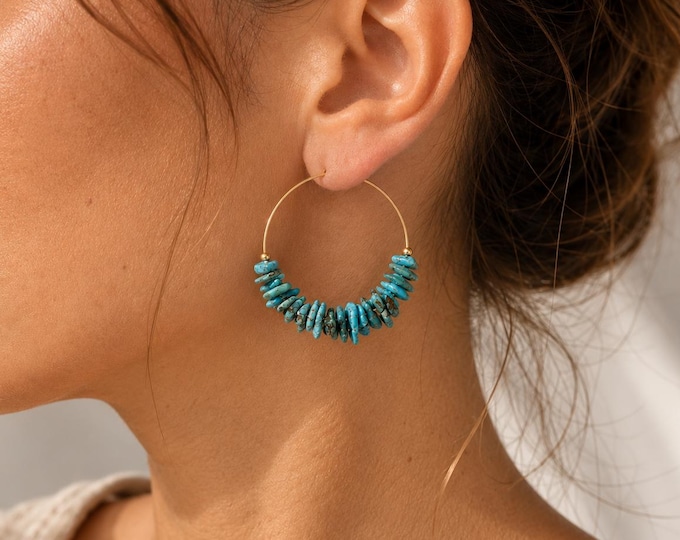 Raw Turquoise Beaded Hoop Earrings, Gold Filled, Natural Gemstone Jewelry, Minimalist Boho Gift for Her, Statement Hoops, Concert Jewelry