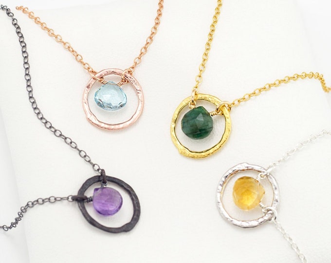 Solitaire Birthstone Necklaces, Genuine Gemstone Drop Circle Charm Necklace, Personalized Tiny Crystal Pendant, Simple Bridesmaid Gifts
