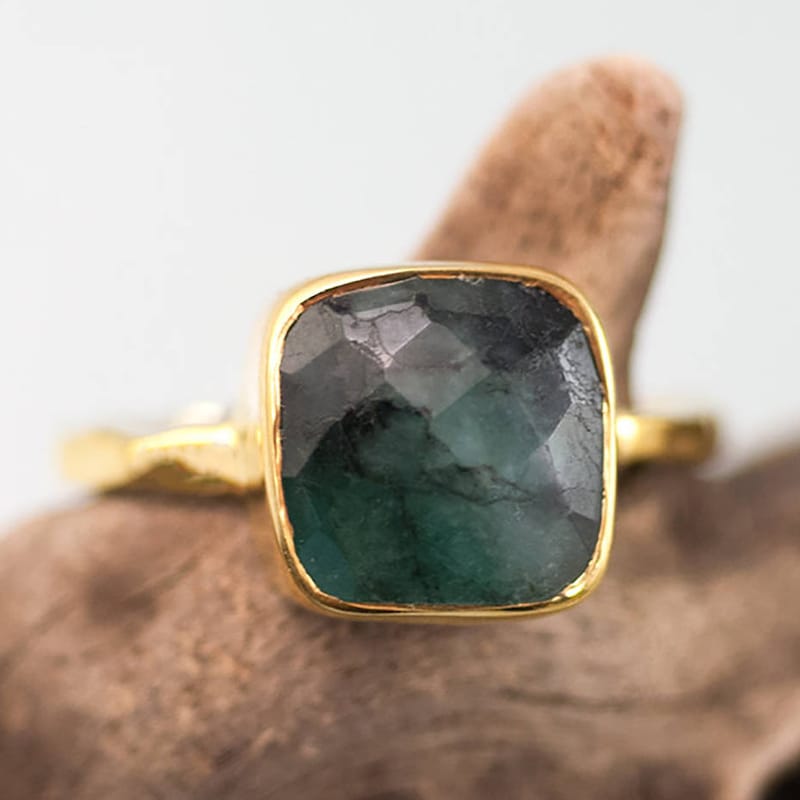 Handcrafted raw emerald gold ring