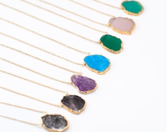 Gemstone Slice Pendant Necklace, Layered Necklaces, Electroformed Slice, Gold Necklace, Layering Jewelry, Boho Jewelry, Framed Stone