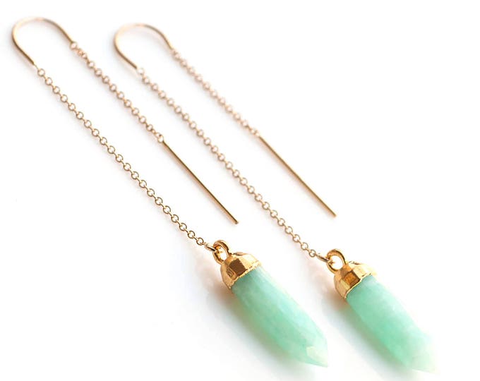 Green Amazonite Threaders, 14k Gold Filled Natural Gemstone Earrings, Spike Ear Threaders, Minimalist Jewelry, Delicate Chain Earrings, TH-B