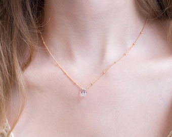 Raw Diamond Bridal Necklace, Delicate Satellite Chain, Birthday Gift, Dainty Herkimer Diamond, Elegant Necklace, Dew Drop Chain
