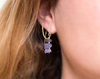 Raw Crystal Tanzanite Earrings, Double piercing earring, Threader Set, Drop Earrings, Raw Crystal Threaders, Multi-Way Earrings, Edgy Gift