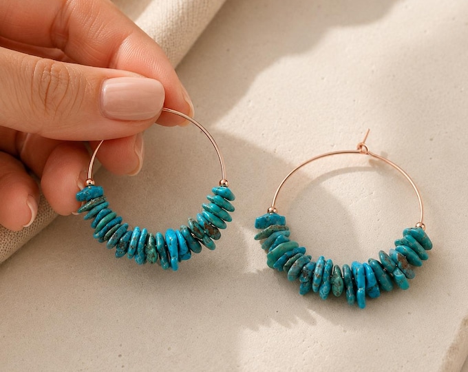 Turquoise Hoop Earrings, Rose Gold Filled Beaded Hoops, Handmade Natural Gemstone Jewelry, Artisan Earrings, Raw Cut Genuine Gemstones