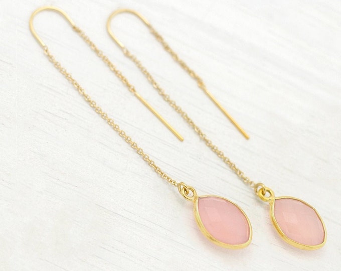 Rose Quartz Threader Earrings, October Birthstone Gift, Pink Chalcedony Earrings, Long Drop Earrings, Birthstone Jewelry, Personalized Gift