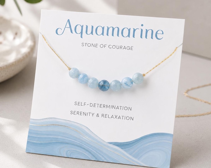 Natural Gemstone Necklace for Bridesmaids, Genuine Aquamarine Beaded Chain, Gold Filled or Sterling Silver, March Birthday Gift