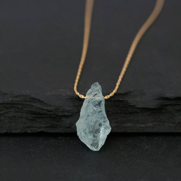 Raw Aquamarine Necklace, March Birthstone Necklace, Throat Chakra Crystal Rough Gemstone, Boho Style