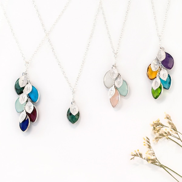 Custom Birthstone Necklace, Family Tree Necklace, Initial Necklace, Charm Necklace, Sterling Silver Necklace, Unique Christmas Gift Idea