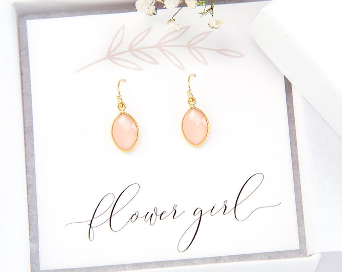 Flower Girl Gift, Dainty Pink Gemstone Earrings, Gold Framed Stone, Pink Chalcedony Earrings, Bridal Party Jewelry, Bridesmaid Gift, Simple