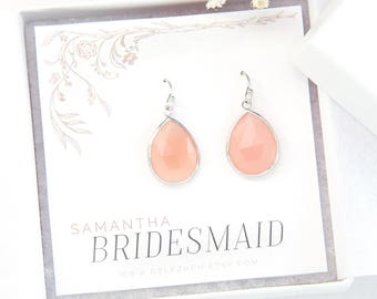 Bridesmaid Proposal Gift Jewelry, Blush Pink Sterling Silver Drop Earrings, Pink Chalcedony Dangle Earrings, Minimalist Jewelry, Bezel Set