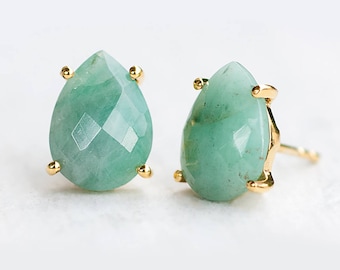 Raw Emerald Stud Earrings, May Birthstone Gift, Gemstone Post Earrings, Teardrop Studs, Prong Set Studs, Mom Gift, Green Emeralds