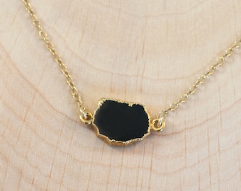 Black Onyx Gem Slice Connector Necklace, 14k Gold Filled Layering Choker, Gold Framed Stone, Minimalist Necklace, Gift for Her, NK-GS