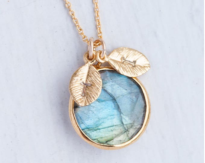 Labradorite Necklace, Custom Personalized Necklace, Initial Leaf Necklace, Gemstone Necklace, Gold Necklace, Birthstone Necklace, NK-RD