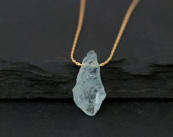 Raw Aquamarine Necklace, March Birthstone Necklace, Throat Chakra Crystal Healing Rough Gemstone, Boho Style
