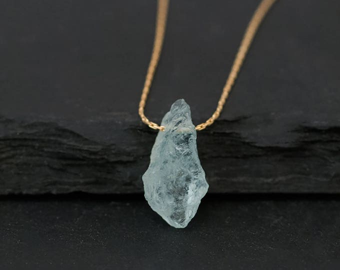 Raw Aquamarine Necklace, March Birthstone Necklace, Throat Chakra Crystal Rough Gemstone, Boho Style