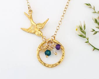 Gold Bird Nest Pendant, Personalized Birthstone Necklace for Mom, Mama Bird Necklace, Custom Charm Necklace, Gift for Wife, Birthday Gift