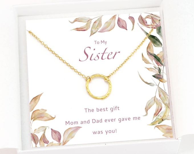 Thoughtful and Meaningful Gift for a Sister, Gold round Karma Necklace with message on a necklace gift card, Christmas gift for Older Sister