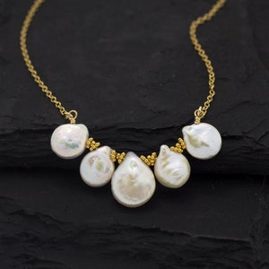 Boho Pearl Statement Necklace, Natural White Keishi Pearls, Gold Filled Chain, Trendy Baroque Pearl Layering Bib Necklace, Bridesmaid Gifts