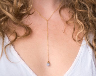 Dainty Layering Y Necklace, Simple Gemstone Lariat, long drop Crystal, Gift for BFF, Modern Birthstone Necklace, Mindful Jewelry