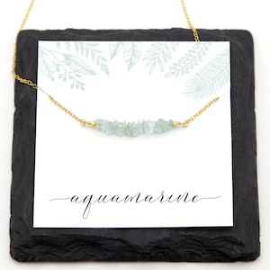 Dainty Aquamarine Raw Crystal Necklace, March Birthstone Gift for Friend, Beaded Genuine Gemstone Bar, Pisces Crystal Choker Jewelry gift