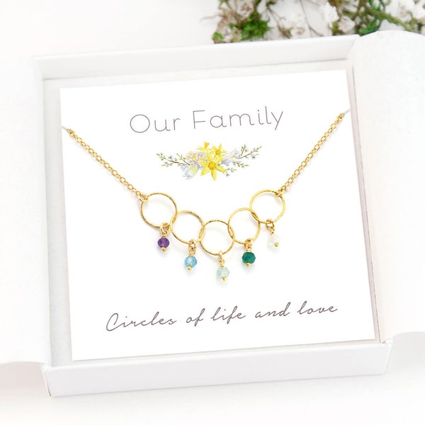 Linked Circle Necklace, Gold Interlocking circle necklace with Birthstones, 14k Gold Filled, Generations Interlinked Circle necklace gift