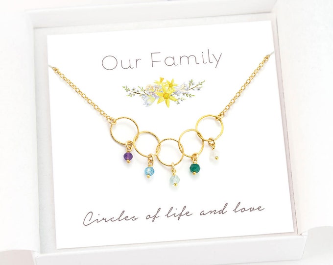 14k Gold Filled Chain Necklace with Family Birthstone, Generations Necklace with Interlinked Circle Charms and Real Crystals, Gift for Nana