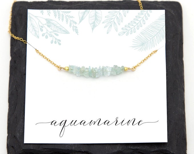 Dainty Aquamarine Raw Crystal Necklace, March Birthstone Gift for Friend, Beaded Genuine Gemstone Bar, Pisces Crystal Choker Jewelry gift