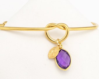 Gift for New Moms, Gold Personalized Knot Bangle, February Birthday Gift for Teen Girl, Initial and Birthstone Bangle