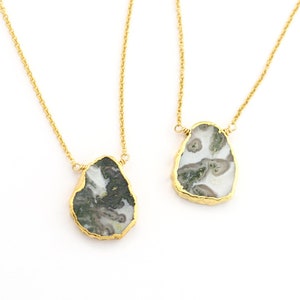 Moss Stone Necklace, Nature Inspired Jewelry, Moss Agate Necklace,  Quartz Stone, Genuine Gemstone Slice Pendant, Earthy Boho, NK-VS